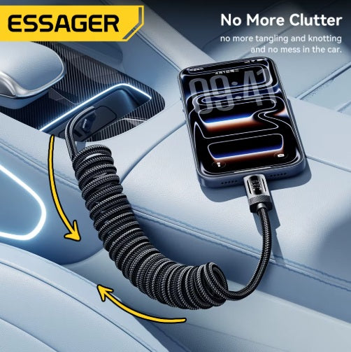 Spiralinis automobilio įkroviklio laidas USB-C į USB-C, juodas, 1,2 m, 60 W