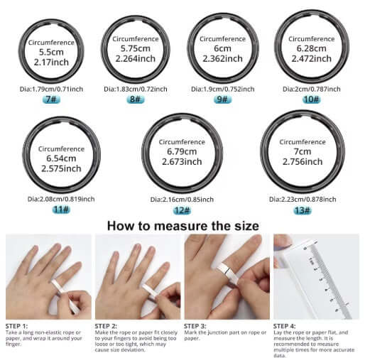 Colmi R12 Smart Ring size measurement guide including circumference and diameter details.
