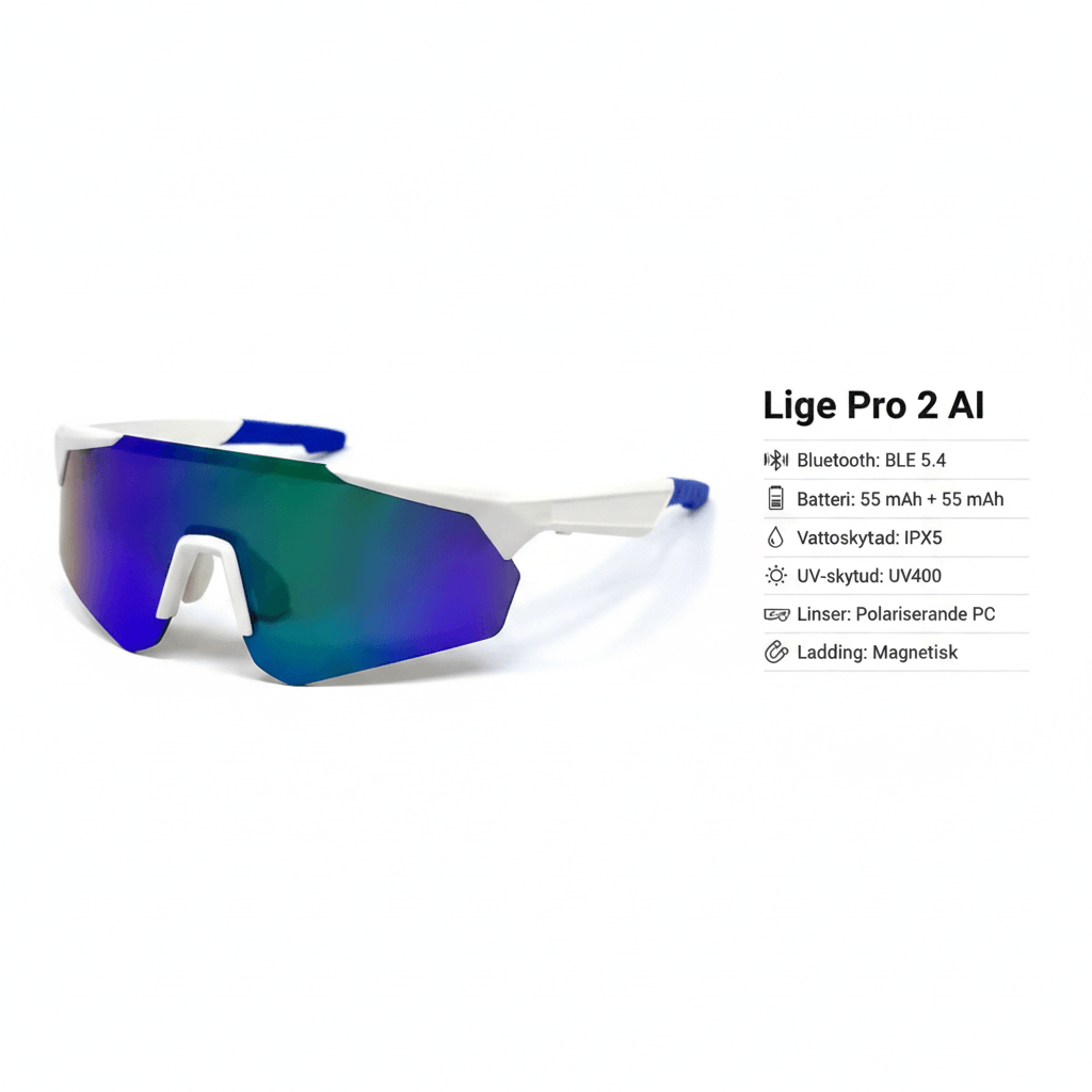 Lige Pro 2 AI sports glasses with white frames and blue polarized lenses, designed for outdoor activities and sports.