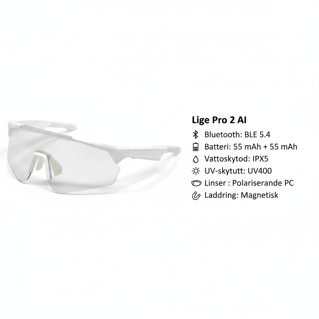 Lige Pro 2 AI sports glasses with white frames and light gray polarized lenses for outdoor activities and sports.