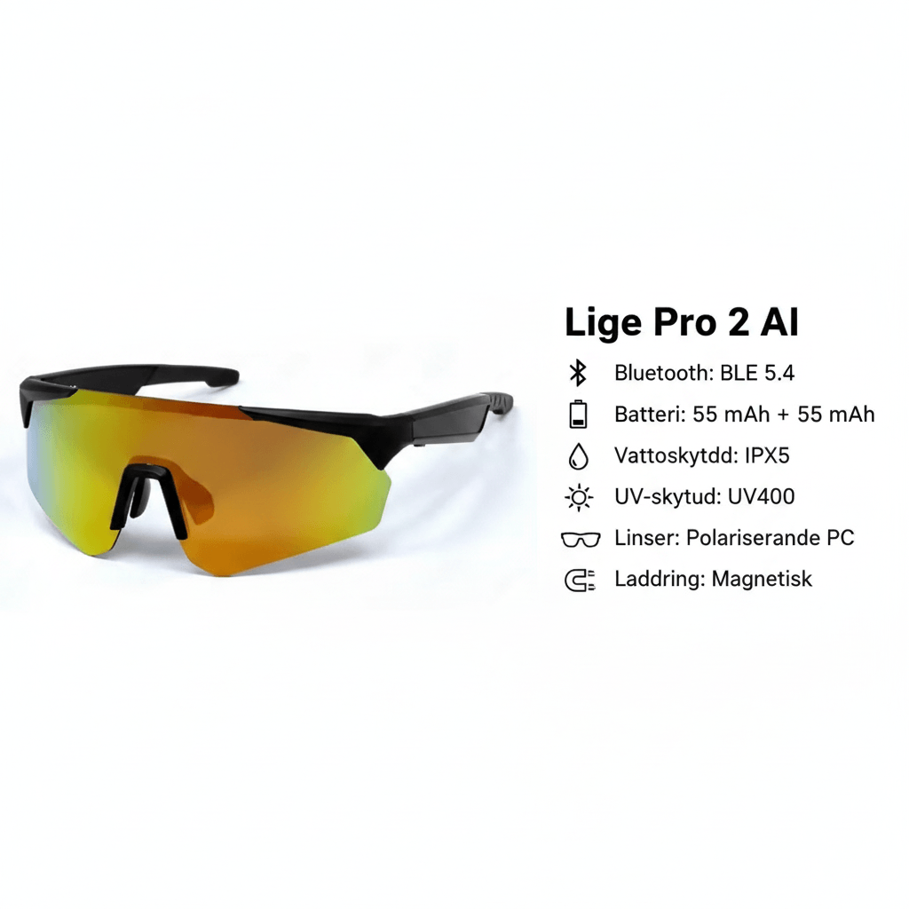 Lige Pro 2 AI sports glasses with black frames and orange lenses, featuring polarized lenses and UV400 protection.