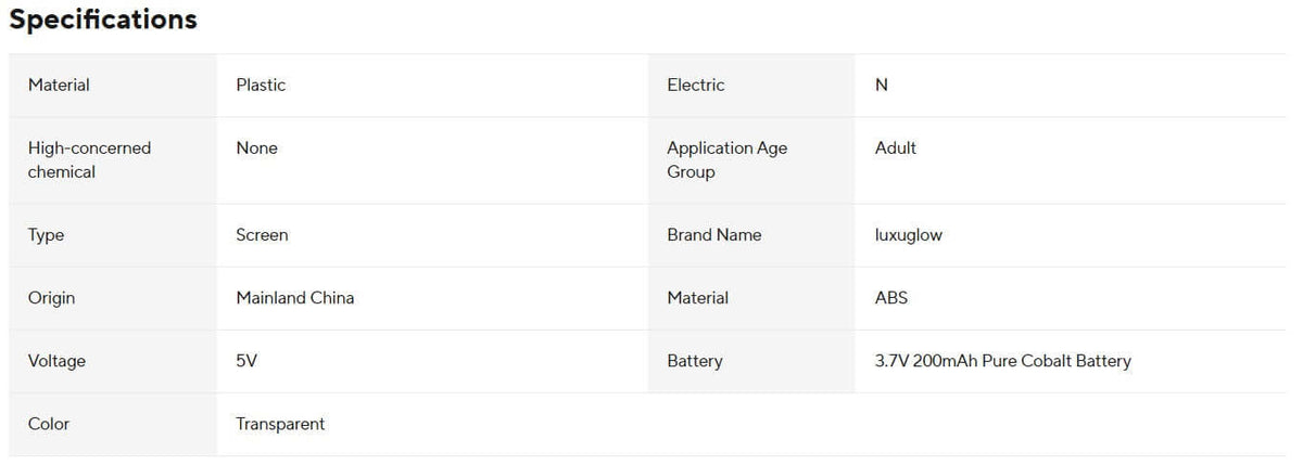 Specifications table for Luxuglow Universal Charger for Smart Rings, highlighting features and materials.