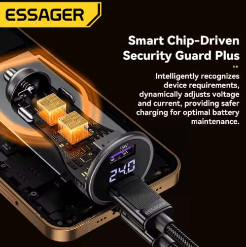 Universal car charger with display featuring 2 x USB-A ports, 73W power output for efficient charging.
