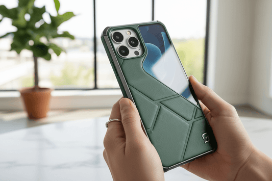 A person holding a green phone case, emphasizing the importance of Protection and accessories for devices.
