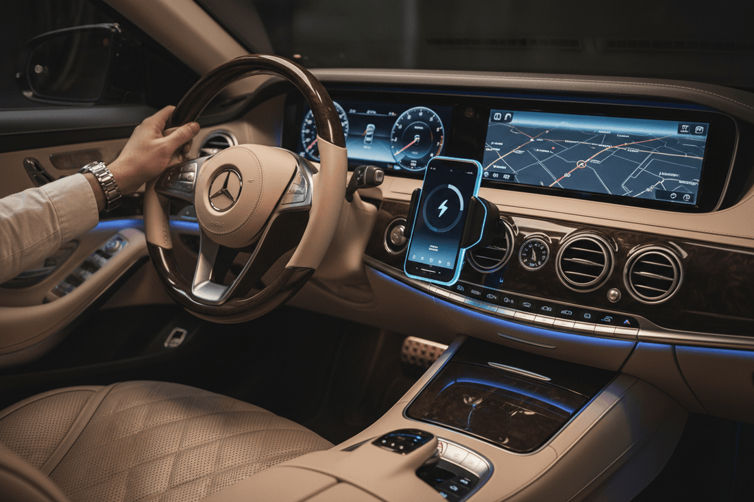 Car interior showcasing a mobile phone holder with 15W charger, keeping the phone charged and accessible.