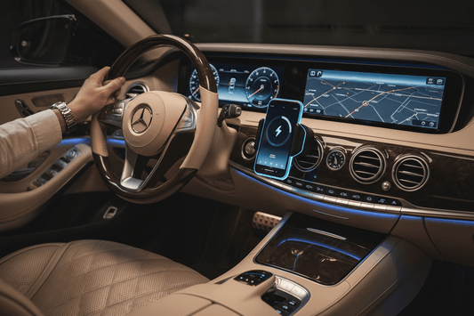 Car interior showcasing a mobile phone holder with 15W charger, keeping the phone charged and accessible.