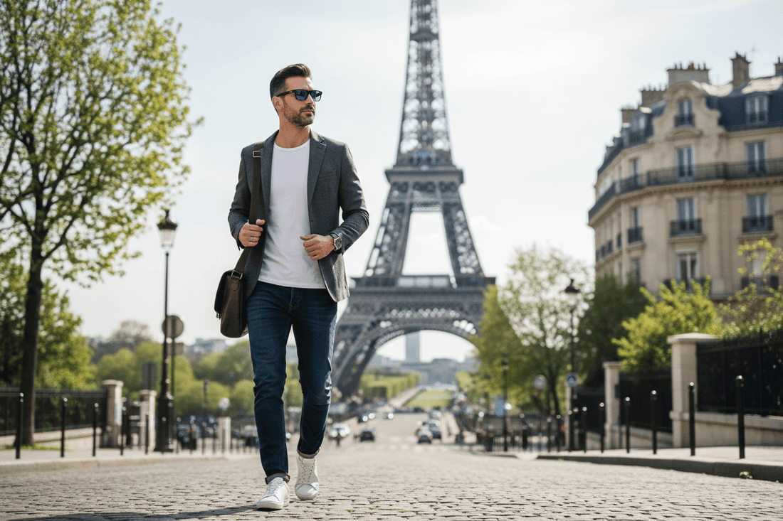 Man walking near the Eiffel Tower wearing sunglasses and carrying a bag, showcasing stylish glasses.