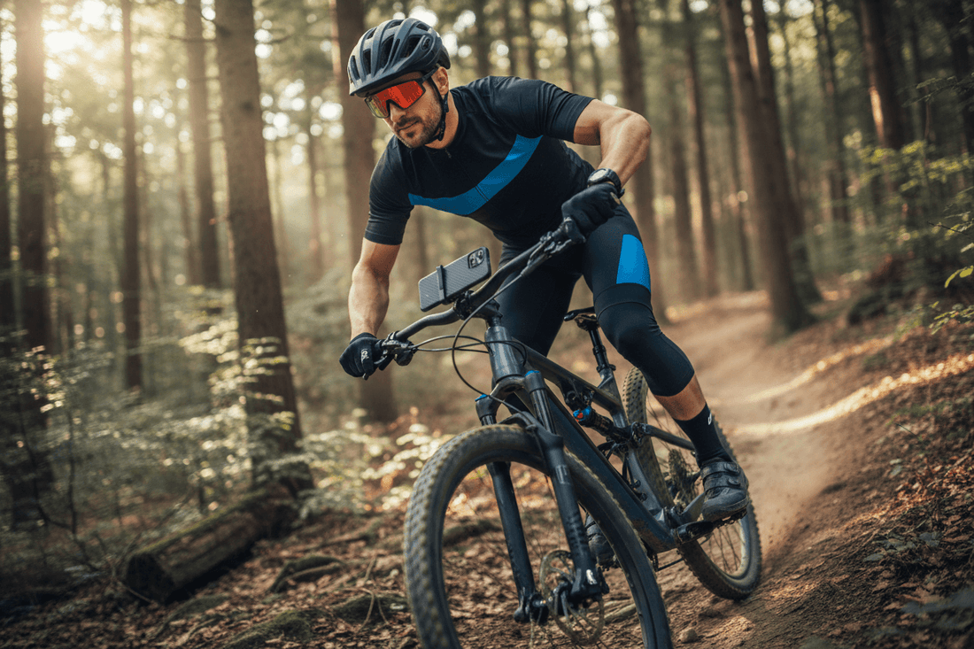 Cyclist wearing tech gear riding through the woods, showcasing best tech gadgets for cyclists.