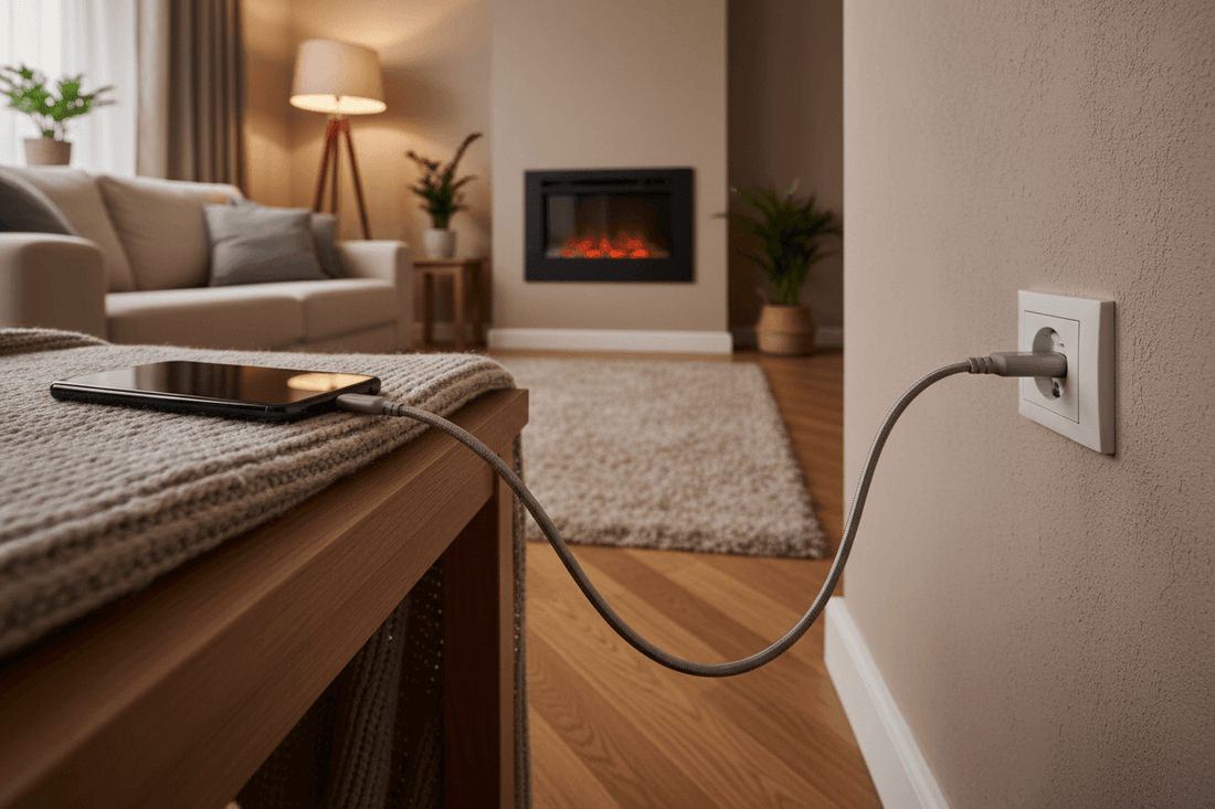 Charging a smartphone with a cable plugged into a wall outlet in a cozy living room.