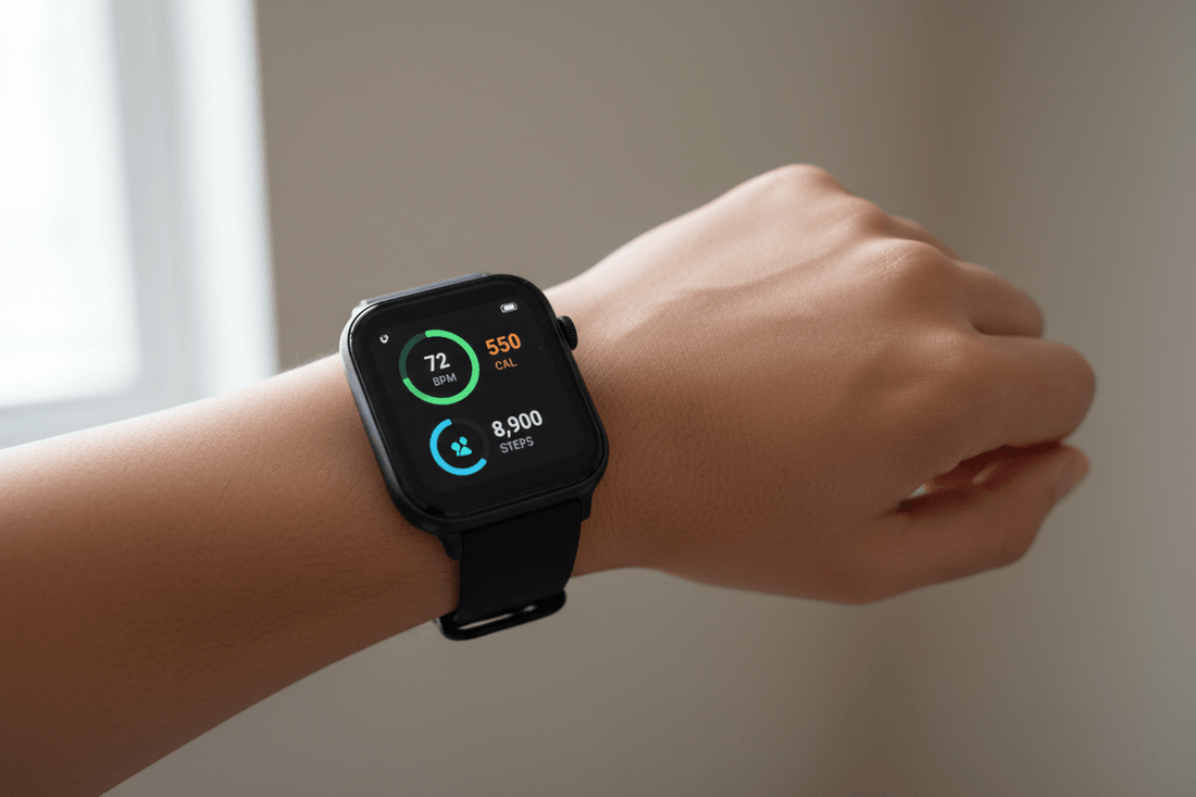 Smartwatch displaying health metrics on a wrist, showcasing features for fitness tracking.
