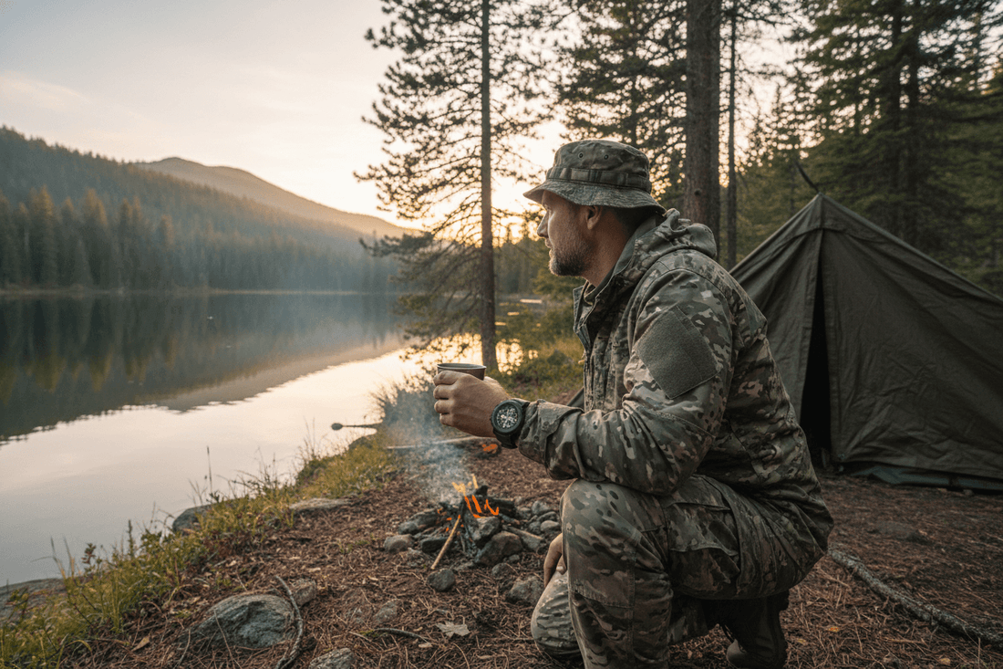 Man enjoying coffee by a lakeside campsite, wearing a smart watch, surrounded by nature.