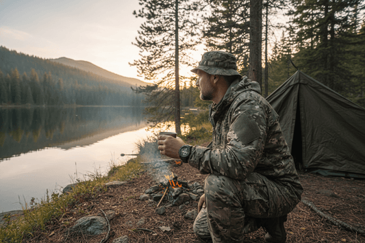Man enjoying coffee by a lakeside campsite, wearing a smart watch, surrounded by nature.