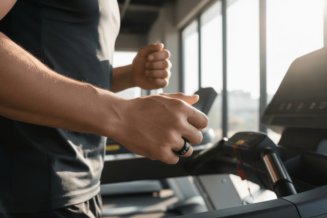Person wearing Colmi R12 Smart Ring while jogging on a treadmill, showcasing health monitoring features.