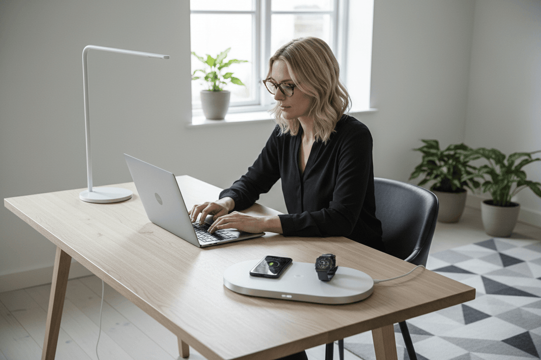 Woman using a laptop at a desk with a Wireless Charging Station 3-in-1 Qi2 for iPhone, Apple Watch, and AirPods.