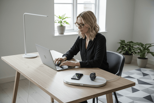 Woman using a laptop at a desk with a Wireless Charging Station 3-in-1 Qi2 for iPhone, Apple Watch, and AirPods.