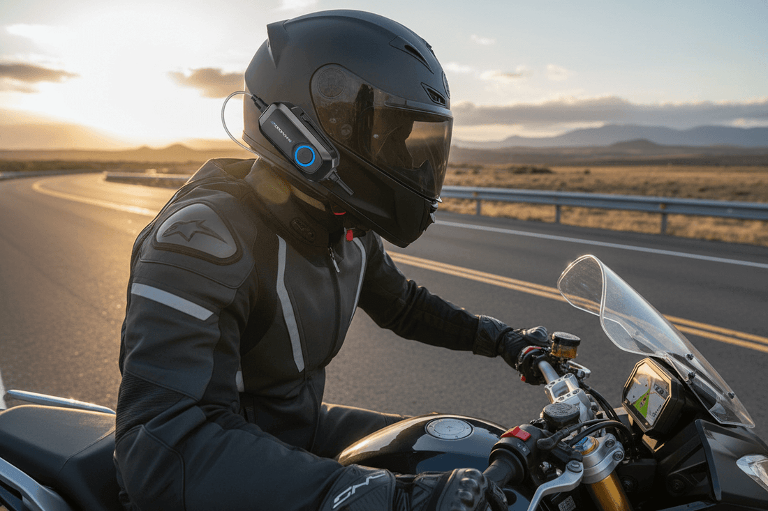 Person riding a motorcycle at sunset wearing a helmet and protective gear, showcasing technology for motorcycle safety.