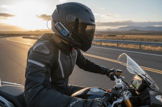 Person riding a motorcycle at sunset wearing a helmet and protective gear, showcasing technology for motorcycle safety.
