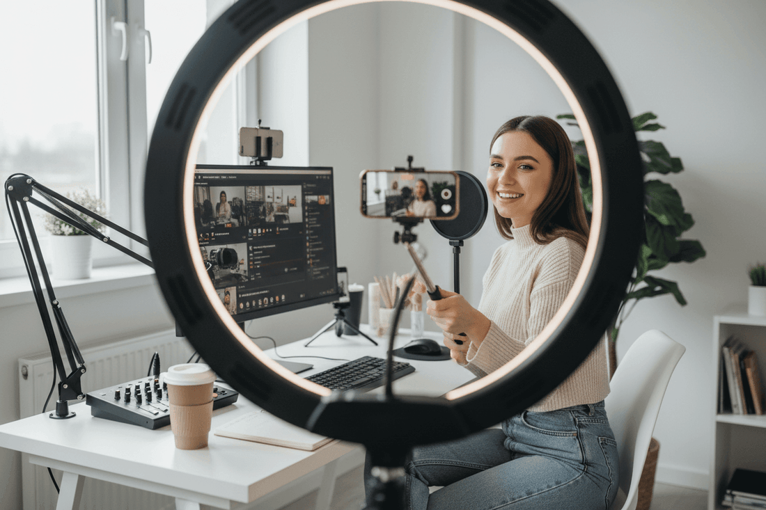 Woman streaming video in front of camera and computer, focused on Photo and equipment setup for streaming.