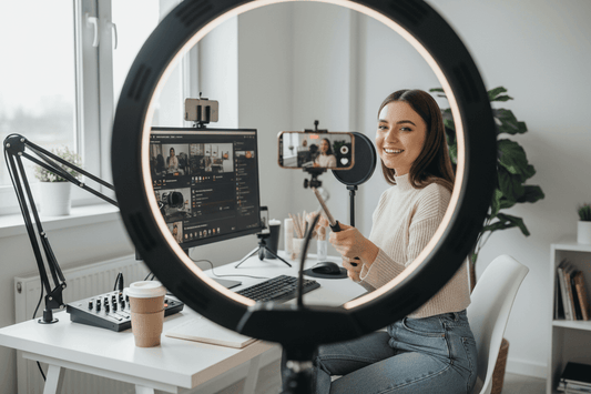 Woman streaming video in front of camera and computer, focused on Photo and equipment setup for streaming.