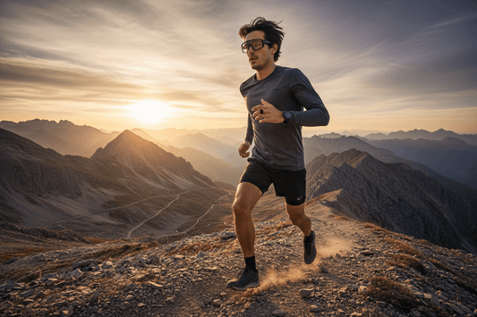 Runner in tech gear sprinting on mountain trail at sunset for best tech gadgets for runners.