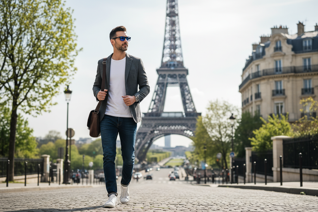 Man i 35-årsåldern bär Lige Pro AI-glasögon på en parisisk gata med Eiffeltornet i bakgrunden