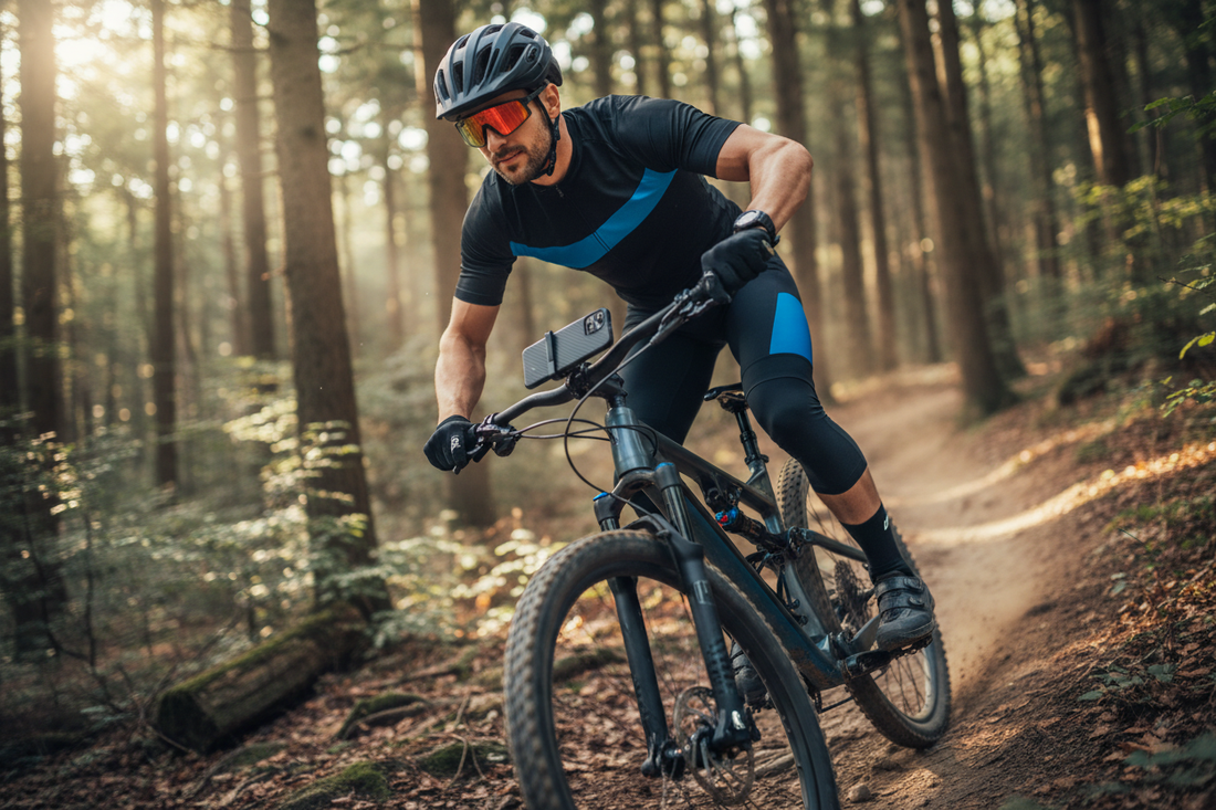 Sportig mountainbikecyklist i skogen med AI-glasögon, smart ring, smartklocka och mobilhållare på styret – tech för aktiva cyklister