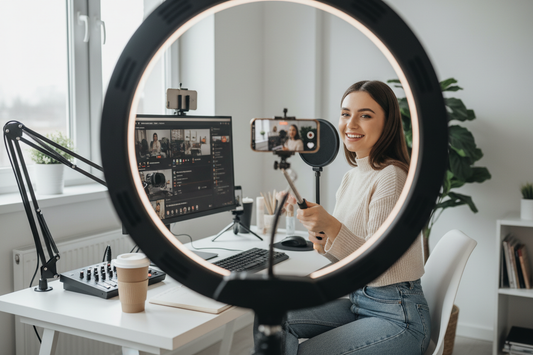 En tjej vid sitt skrivbord med ringlampa och streamingutrustning. 