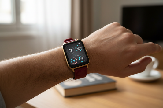 Xiaomi Series 10 Smart klocka med rektangulär HD-skärm och rött armband, buren på handleden av en man.