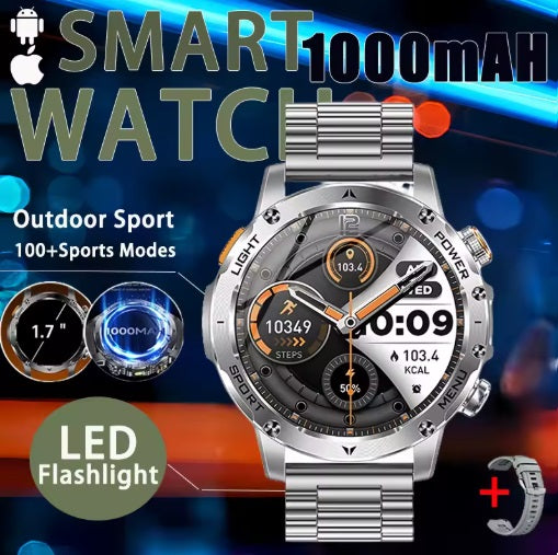 Reloj inteligente AK87 - Caja plateada, brazalete de acero plateado