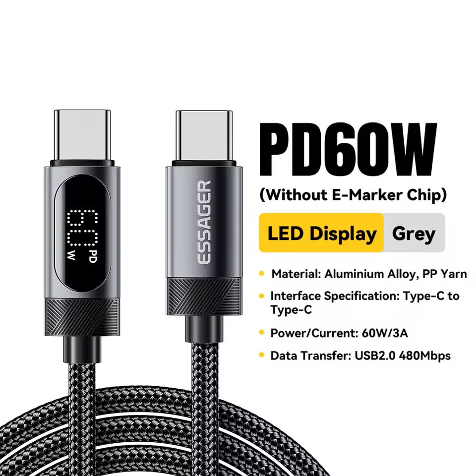 Universalus įkrovimo laidas su ekranu 60W USB-C į USB-C - juodas, 1.0m