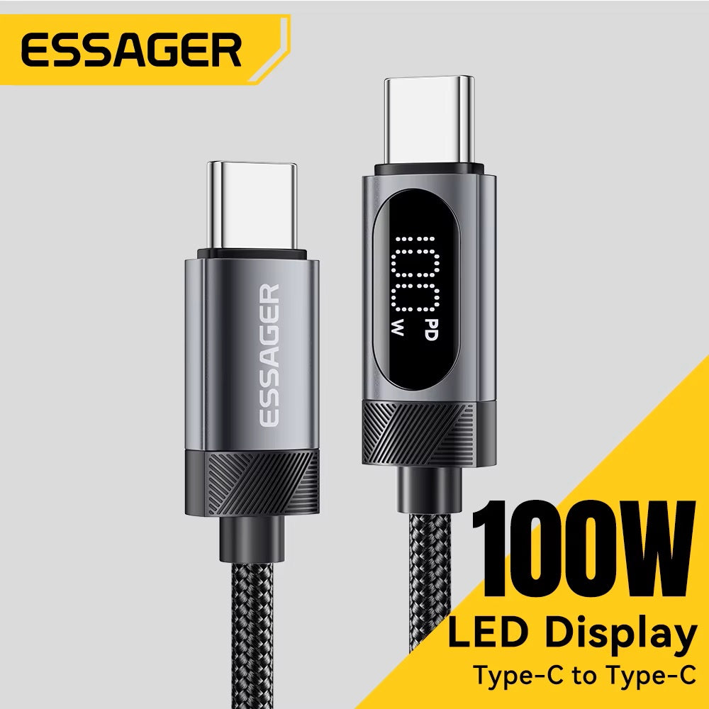 Universalus įkrovimo laidas su ekranu, 100 W, USB-C į USB-C – juodas, 1,0 m