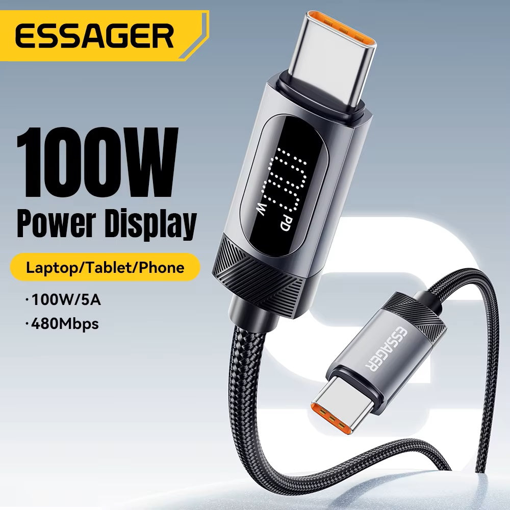 Universalus įkrovimo laidas su ekranu, 100 W, USB-C į USB-C – juodas, 1,0 m
