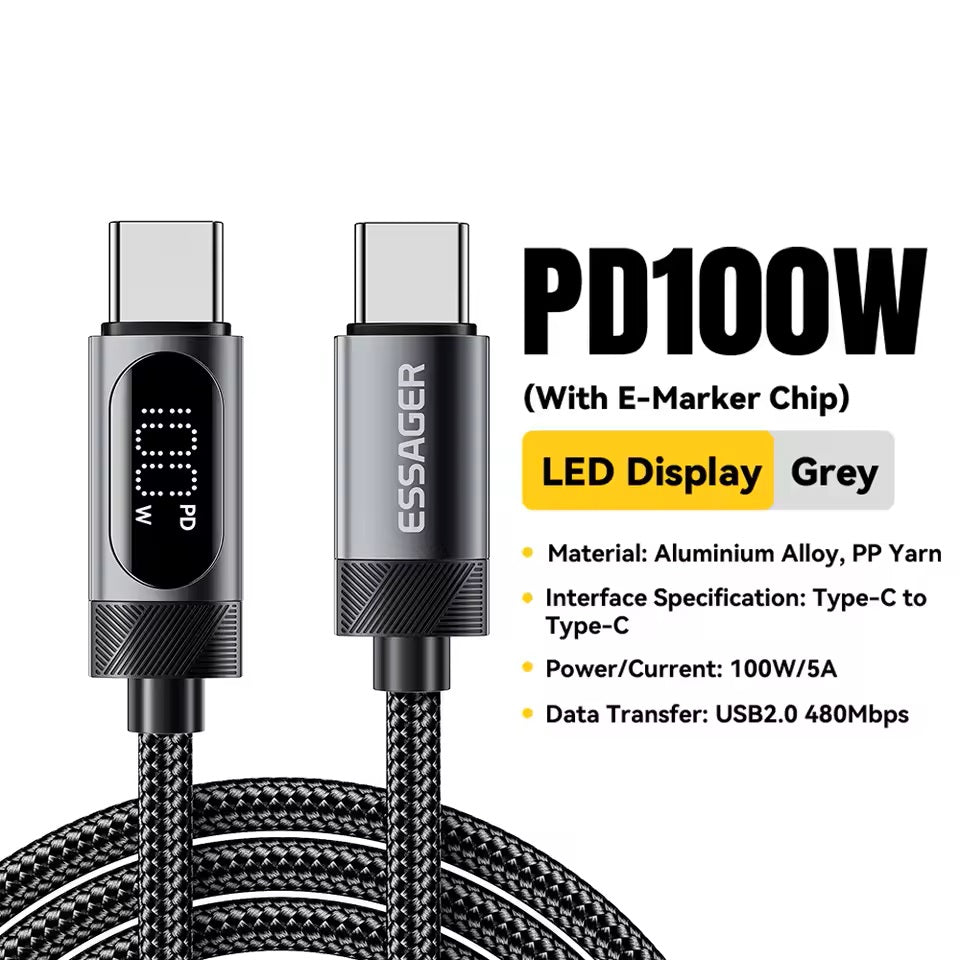 Universalus įkrovimo laidas su ekranu, 100 W, USB-C į USB-C – juodas, 1,0 m
