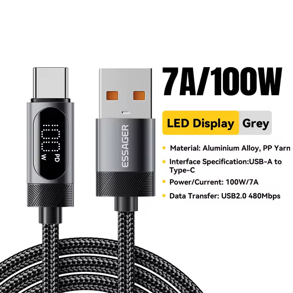 Universalus įkrovimo laidas su ekranu, 100 W, USB-A į USB-C – juodas, 1,0 m