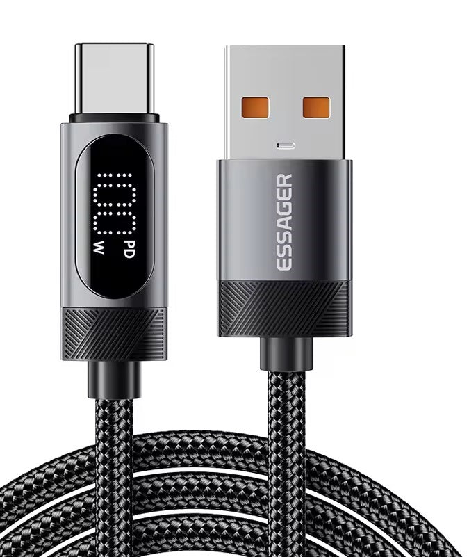 Universalus įkrovimo laidas su ekranu, 100 W, USB-A į USB-C – juodas, 1,0 m