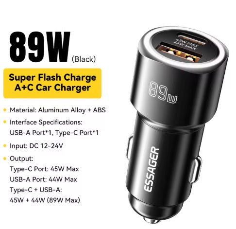 Universalus automobilinis įkroviklis USB-A + USB-C, juodas 89W - Automobilinis lizdas 12V