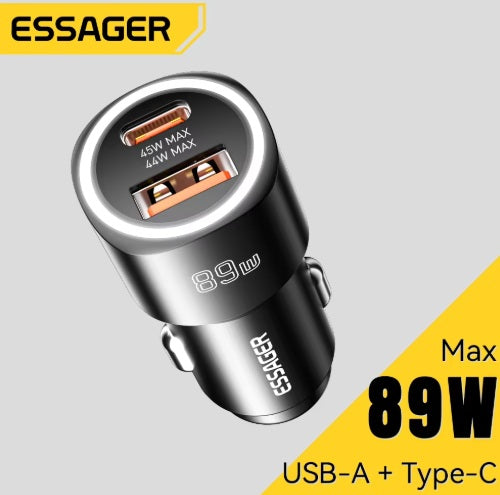 Universal billaddare USB-A + USB-C, Grå 89W - Biluttag 12V