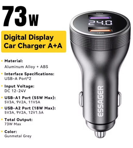 Universalus automobilinis įkroviklis su ekranu, 2 x USB-A, juodas, 73 W - Automobilinis lizdas 12 V