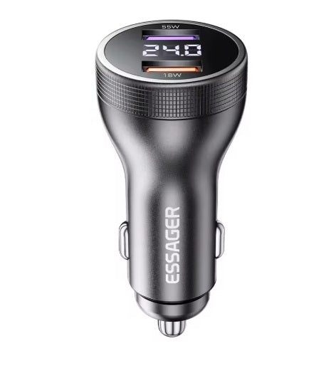 Universalus automobilinis įkroviklis su ekranu, 2 x USB-A, juodas, 73 W - Automobilinis lizdas 12 V
