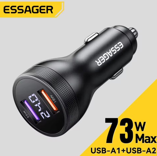 Universalus automobilinis įkroviklis su ekranu, 2 x USB-A, juodas, 73 W - Automobilinis lizdas 12 V