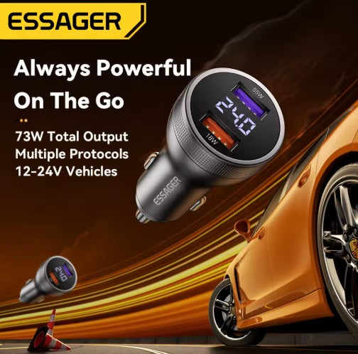 Universalus automobilinis įkroviklis su ekranu, 2 x USB-A, juodas, 73 W - Automobilinis lizdas 12 V