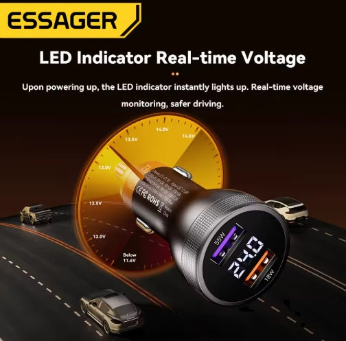 Universalus automobilinis įkroviklis su ekranu, 2 x USB-A, juodas, 73 W - Automobilinis lizdas 12 V