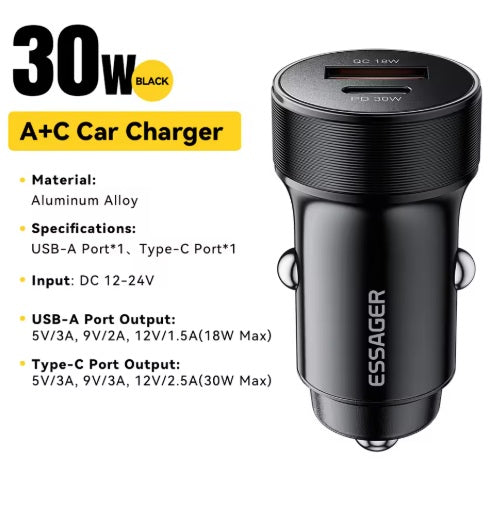 Universal billaddare USB-A + USB-C, Svart 30W - Biluttag 12V