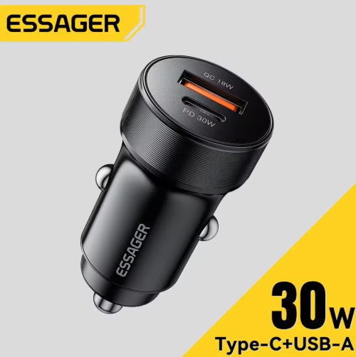 Universal billaddare USB-A + USB-C, Svart 30W - Biluttag 12V