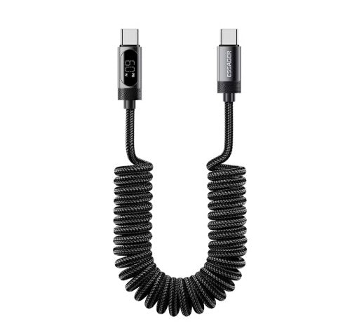 Spiralinis automobilio įkroviklio laidas USB-C į USB-C, juodas, 1,2 m, 60 W