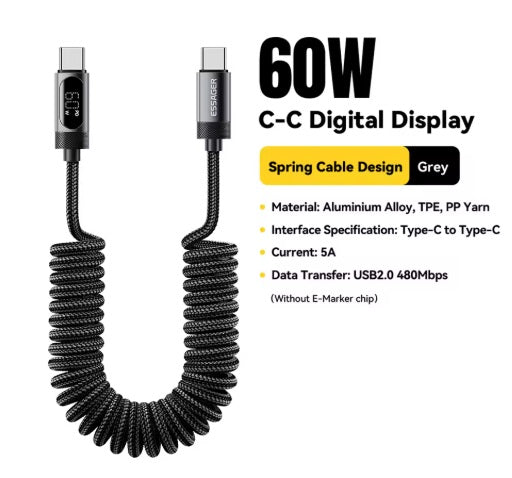 Spiralinis automobilio įkroviklio laidas USB-C į USB-C, juodas, 1,2 m, 60 W