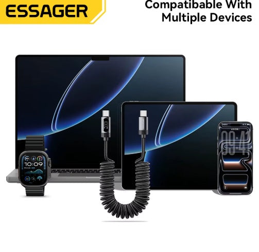 Spiralinis automobilio įkroviklio laidas USB-C į USB-C, juodas, 1,2 m, 60 W