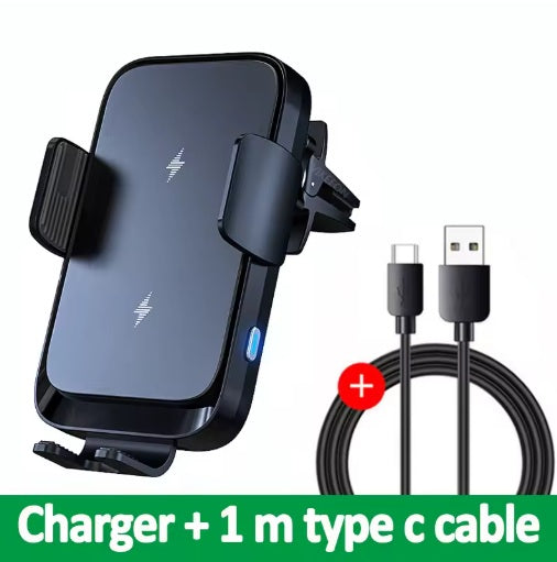 Mobiliojo telefono laikiklis su 15 W įkrovikliu, pridedamas USB-C laidas - juodas