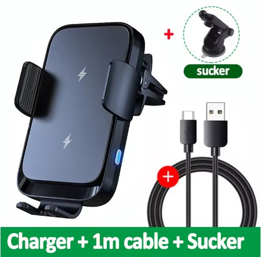 Suport telefon mobil cu ventuză și încărcător 15W, cablu USB-C inclus - Negru
