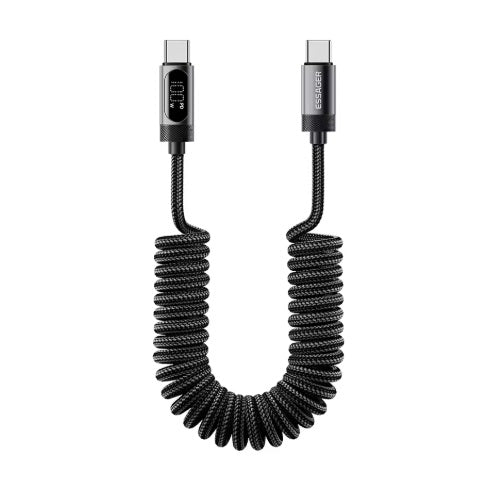 Spiralkabel billaddare USB-C till USB-C, svart 1,8m 100W